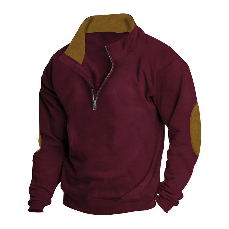 Men's casual cardigan with short front zipper, soft inner lining, and suede sleeve trim Mune Fashion