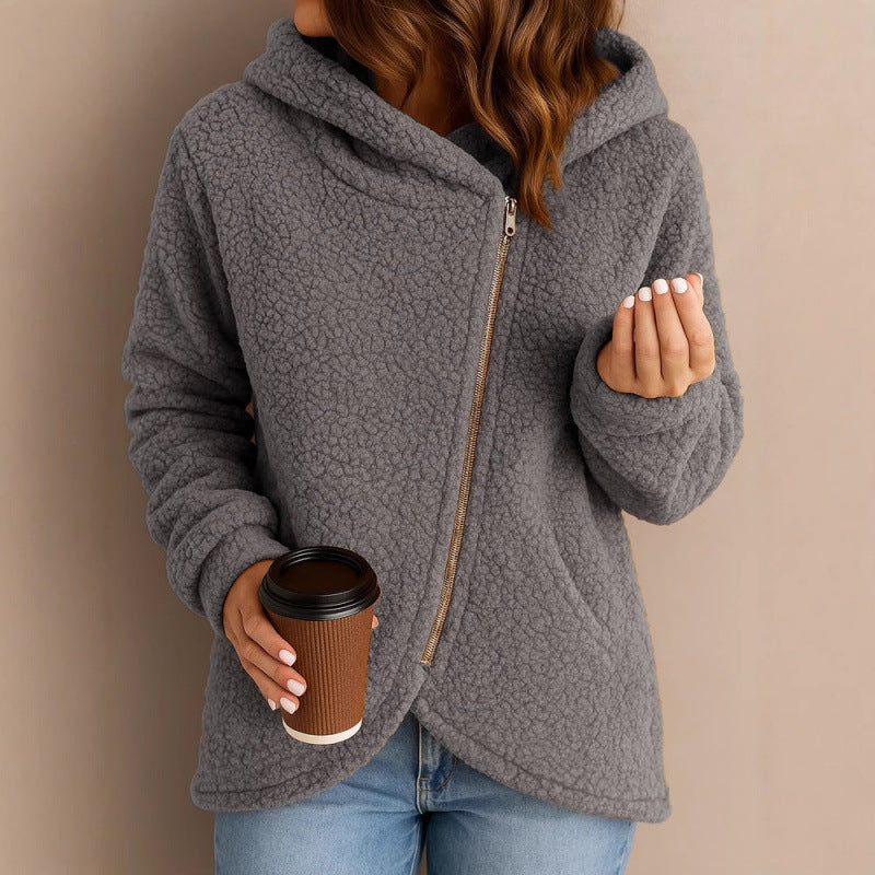 Women's teddy fleece jacket with asymmetrical zipper, hood and curved hem Mune Fashion