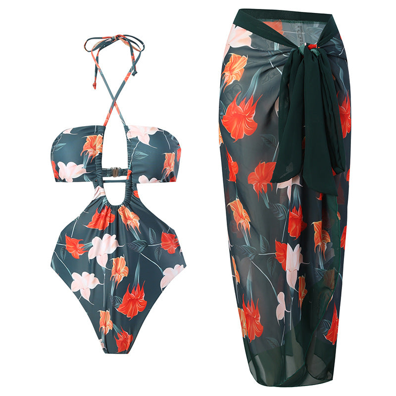 Women's bandeau bikini with floral accents and light wrap skirt Mune Fashion