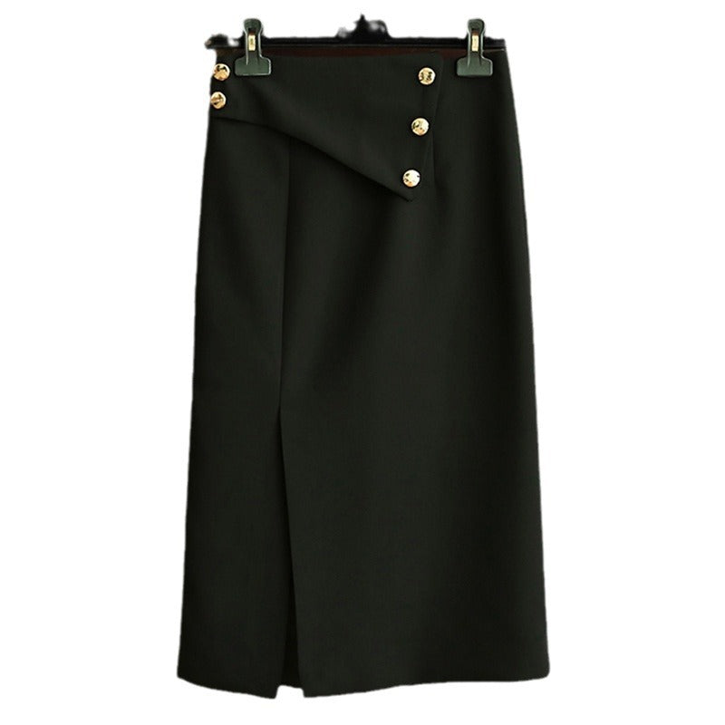 Women's Elegant Midi Skirt with Asymmetrical Cut and Gold Buttons Mune Fashion