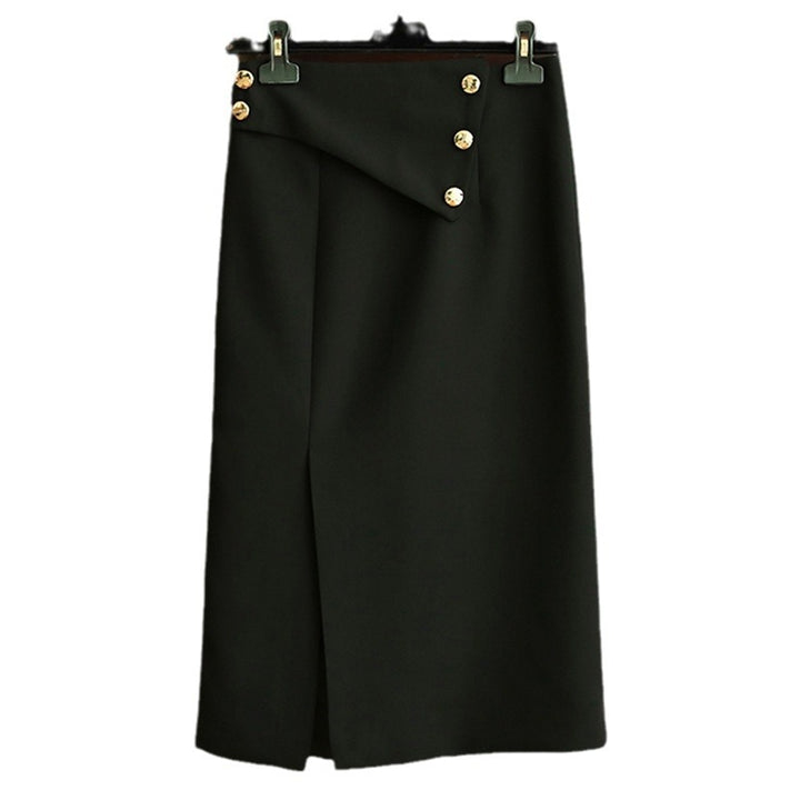 Women's Elegant Midi Skirt with Asymmetrical Cut and Gold Buttons Mune Fashion