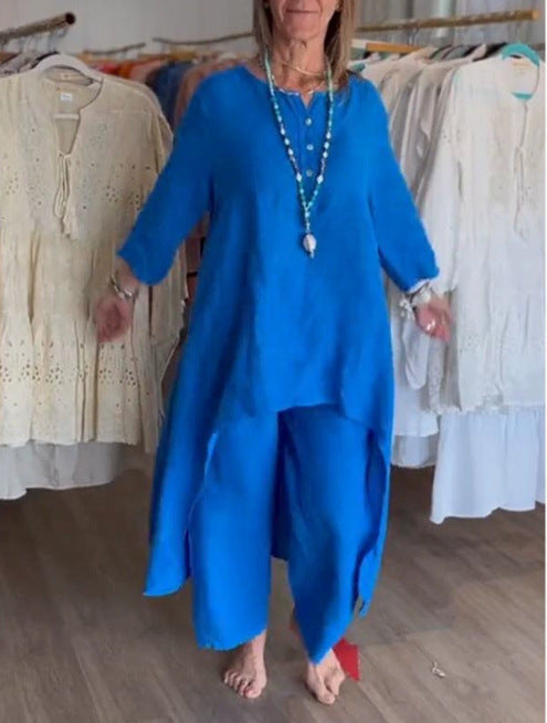 Women's Midi-Length Linen Tunic Set with Asymmetric Hem and Wide Palazzo Pants Mune Fashion
