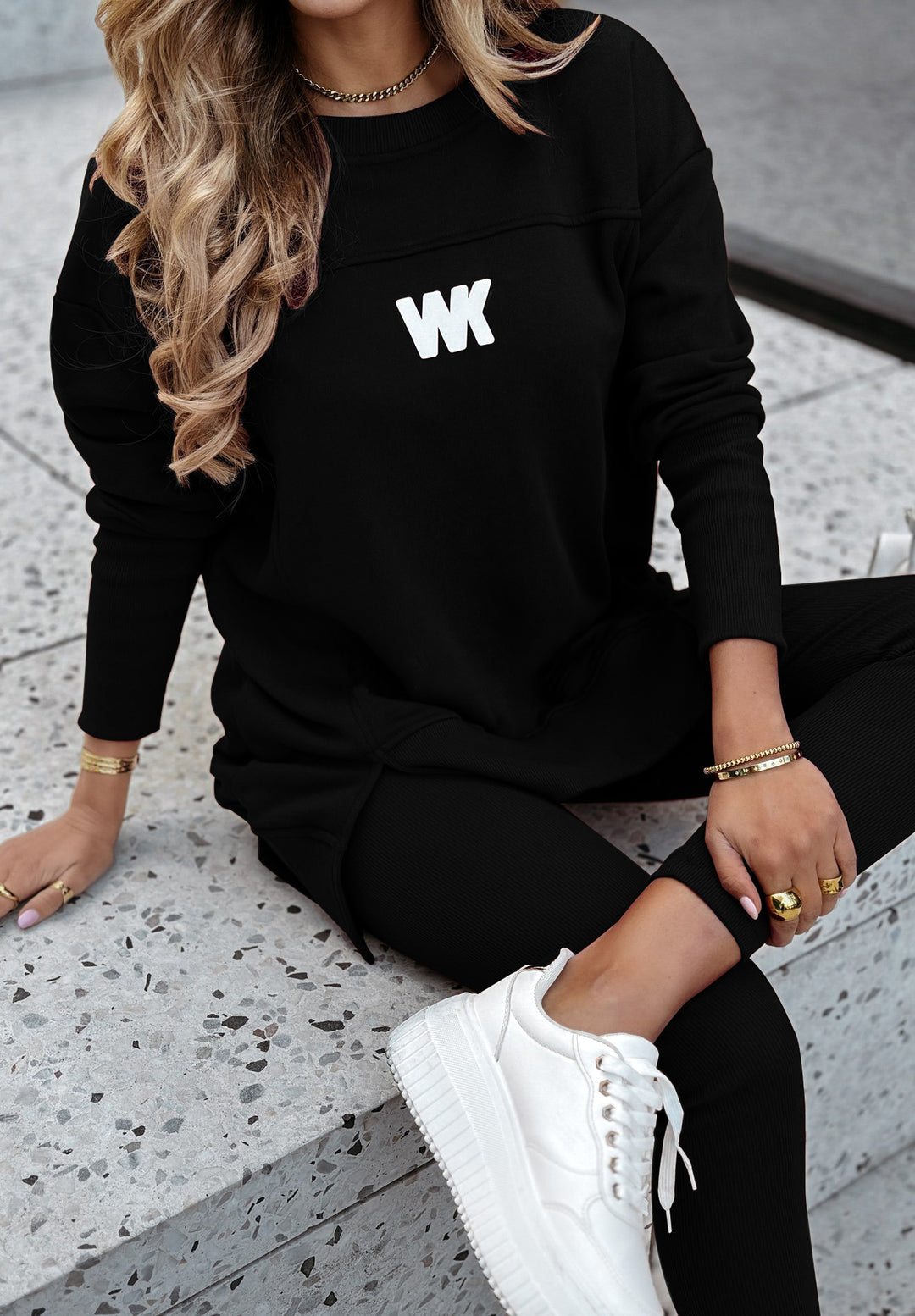 Women's Oversize Long Sweatshirt with Side Slits and High Waist Ribbed Leggings Set Mune Fashion