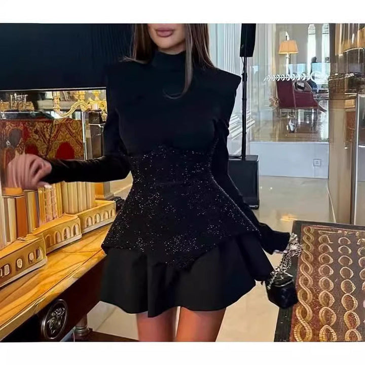 Women Glamorous Cocktail Dress with Textured Bodice and Voluminous Skirt Mune