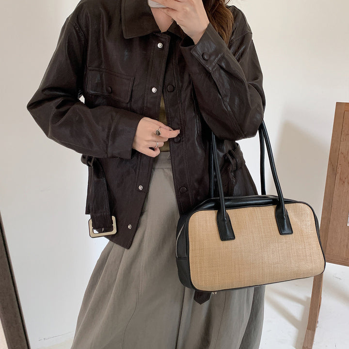 Women's Short Oversized Leather Jacket with Waist Drawstring and Snap Button Placket Mune Fashion