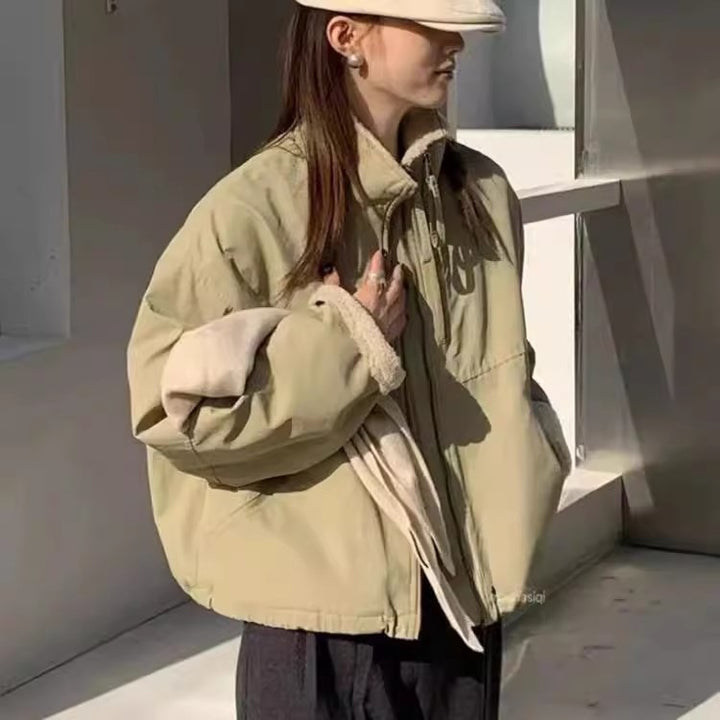 Women's Short Oversized Bomber Jacket with Teddy Lining at Cuffs and Stand Collar Mune Fashion