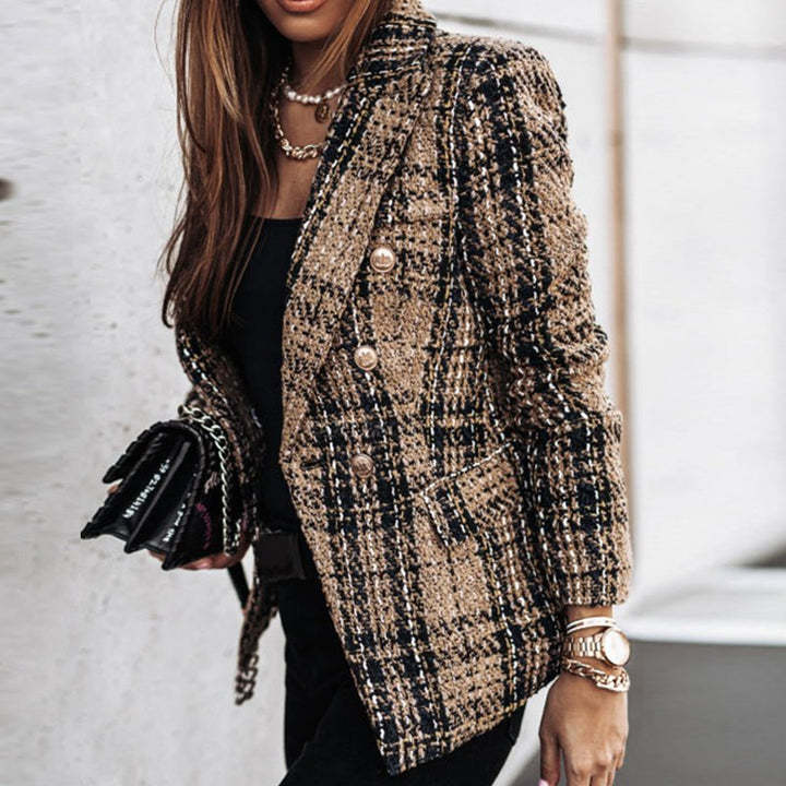 Women Boucle Tweed Blazer with Check Pattern and Double-Breasted Button Placket Drune