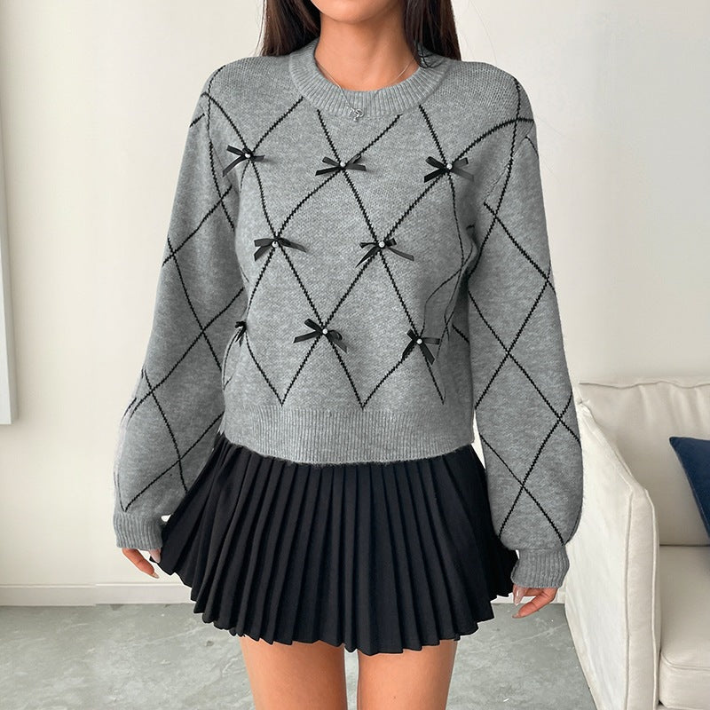 Women's Short Argyle Knit Sweater with Decorative Bows and Ribbed Hem Mune Fashion