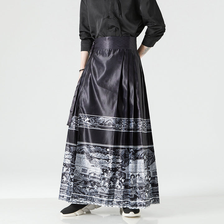 Women's maxi skirt with wide waistband, ornamental border and pleated folds Mune Fashion
