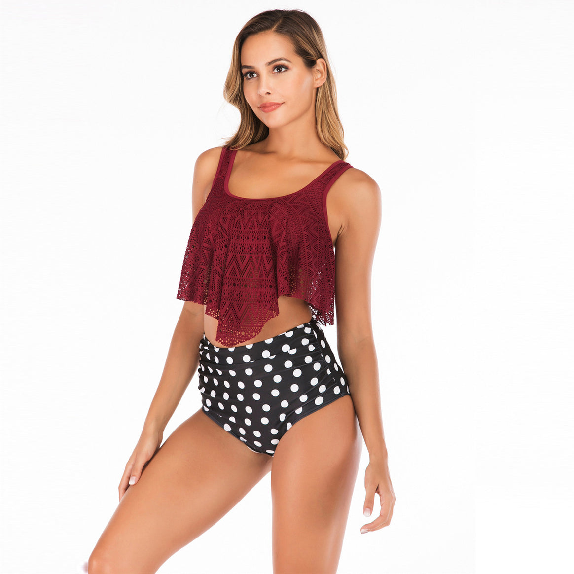 Women's bikini set with voluminous lace top and high-waisted flamingo print shorts Mune Fashion