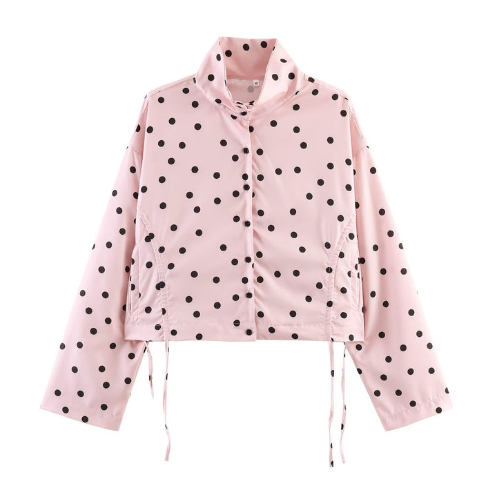 Women's Polka Dot Cropped Utility Jacket with Stand Collar and Drawstring Mune Fashion