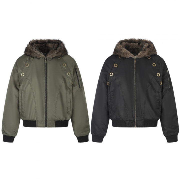 Women's short-cut bomber jacket with faux fur hood, metal eyelets and zipper Mune Fashion