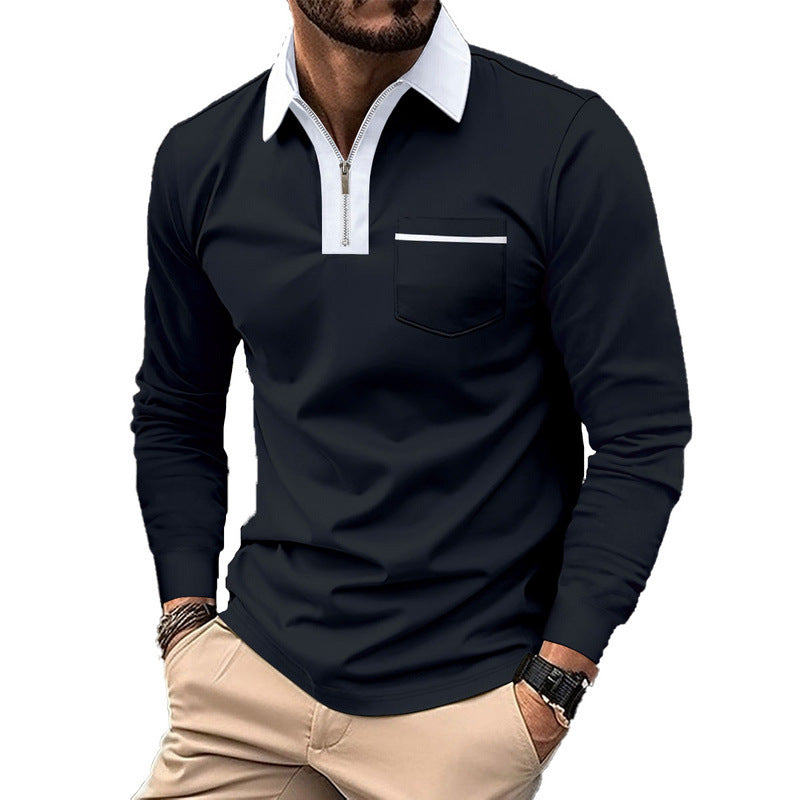 Men's elegant long-sleeve polo shirt with distinctive stand-up collar metal short zip and chest pocket Mune Fashion