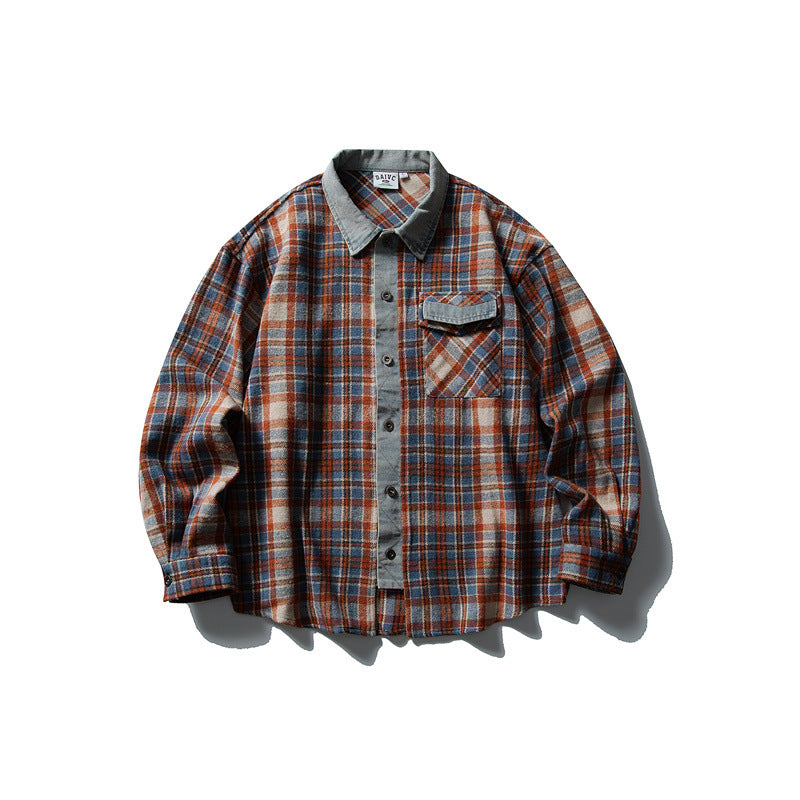 Men's Relaxed-Fit Check Flannel Shirt Jacket with Cord Trim Mune Fashion