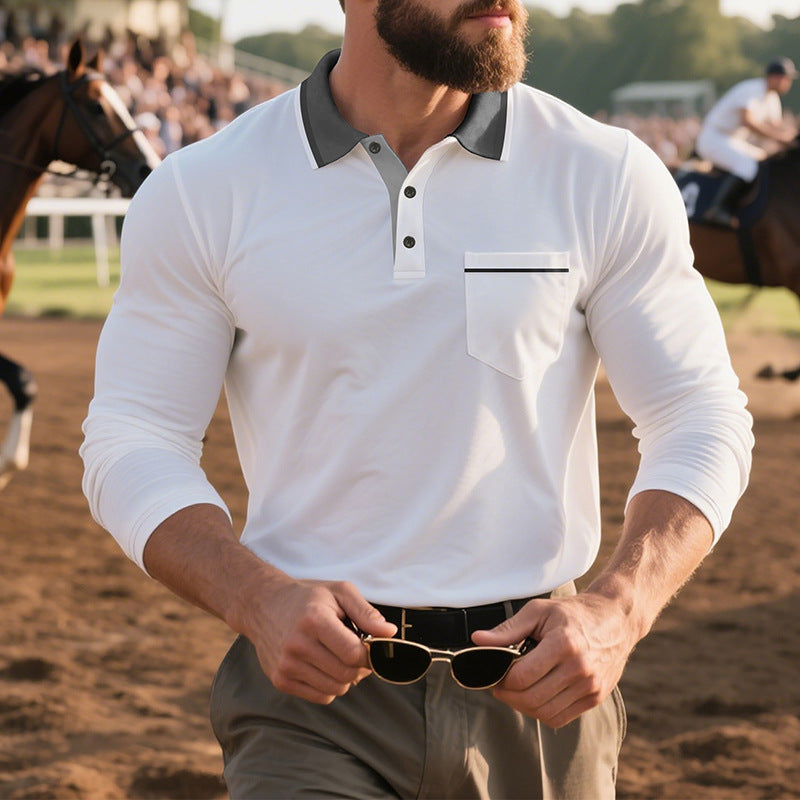 Men's long-sleeved polo shirt with contrast collar, chest pocket, and fine cotton stretch Mune Fashion