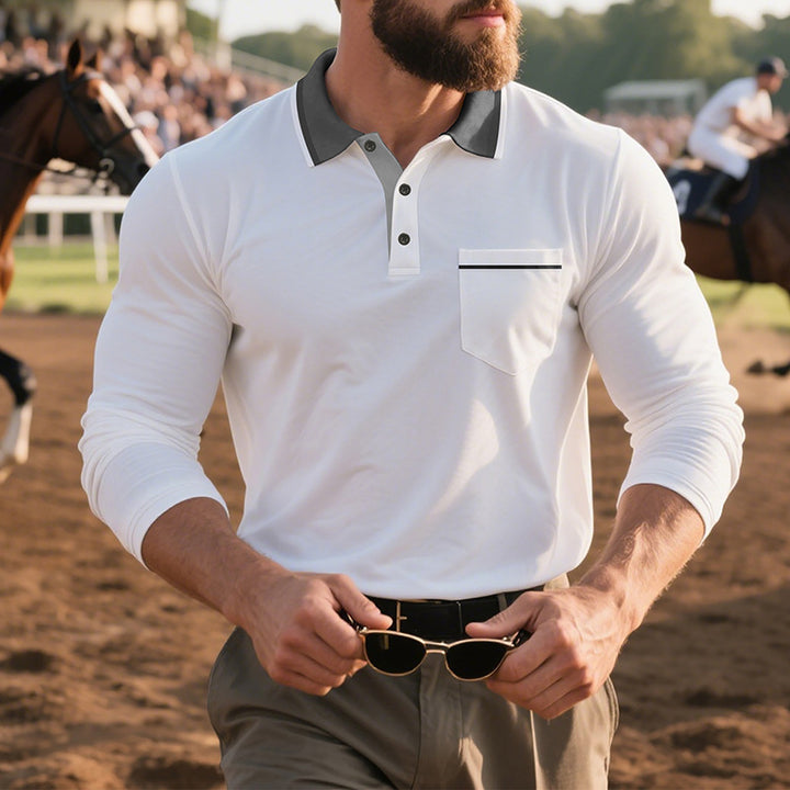 Men's long-sleeved polo shirt with contrast collar, chest pocket, and fine cotton stretch Mune Fashion