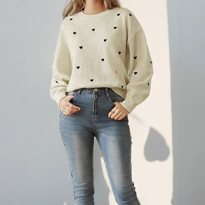Women's Loose Fine Knit Sweater with Heart Allover, Round Neckline and Elastic Hem