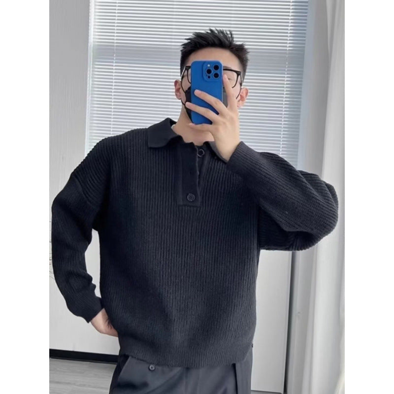 Men's fine-knit polo sweater with half-zip placket, ribbed structure, and side slits Mune Fashion