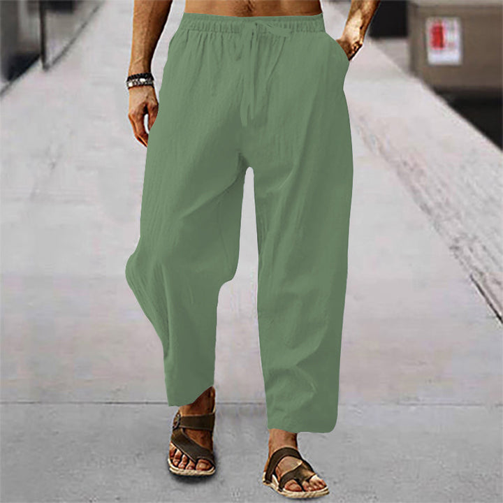 Men's Loose Linen Look Casual Pants with Elastic Waistband, Drawstring and Cropped Leg Mune Fashion