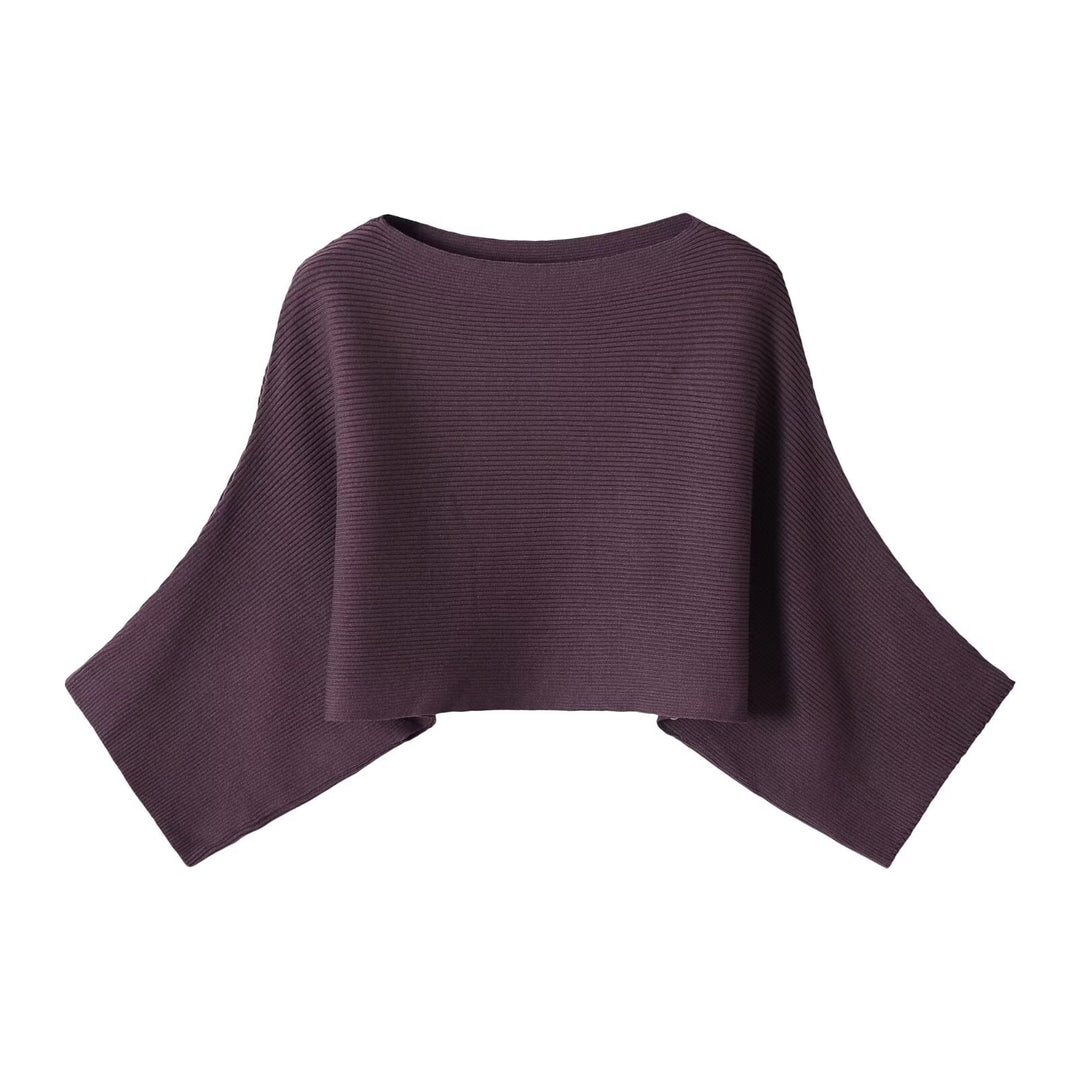 Women Ribbed Short Poncho with Boat Neck and Boxy Silhouette Mune Fashion