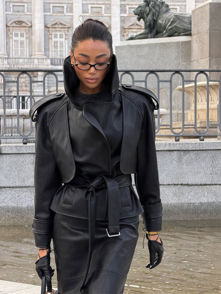 Women's Tailored Leather Jacket with Short Cape Insert, Shoulder Pads and Tie Belt Mune Fashion