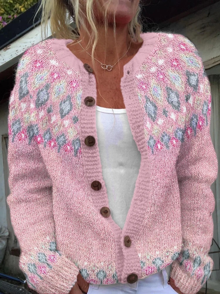 Women's patterned cardigan with round yoke, wooden buttons, and welt pockets Mune Fashion