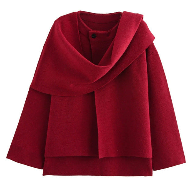 Women's Layered Poncho with Sleeves and Button Collar Mune Fashion