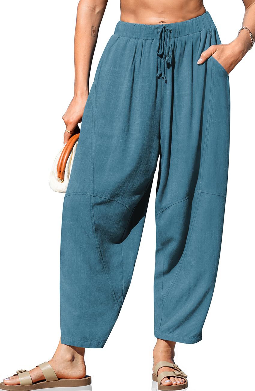 Women's Loose Fit Linen Trousers with Wide Leg and Drawstring Waist Mune Fashion