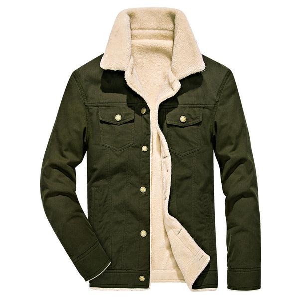 Men's Canvas Trucker Jacket with Full Sherpa Lining and Notched Collar Mune Fashion