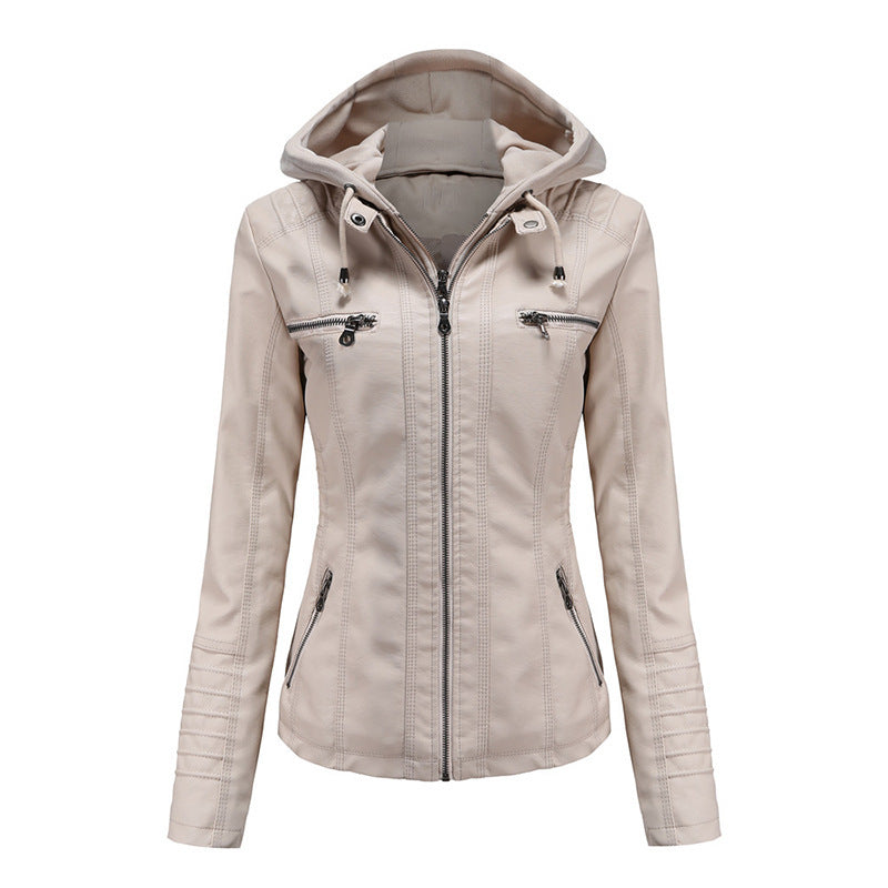 Women Tailored Faux Leather Jacket with Removable Hood and Zipper Mune Fashion