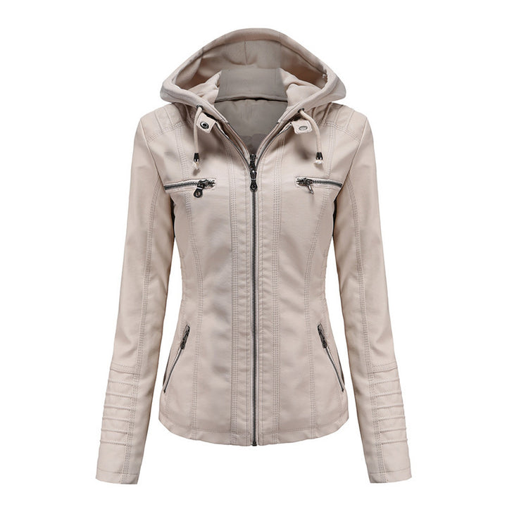 Women Tailored Faux Leather Jacket with Removable Hood and Zipper Mune Fashion