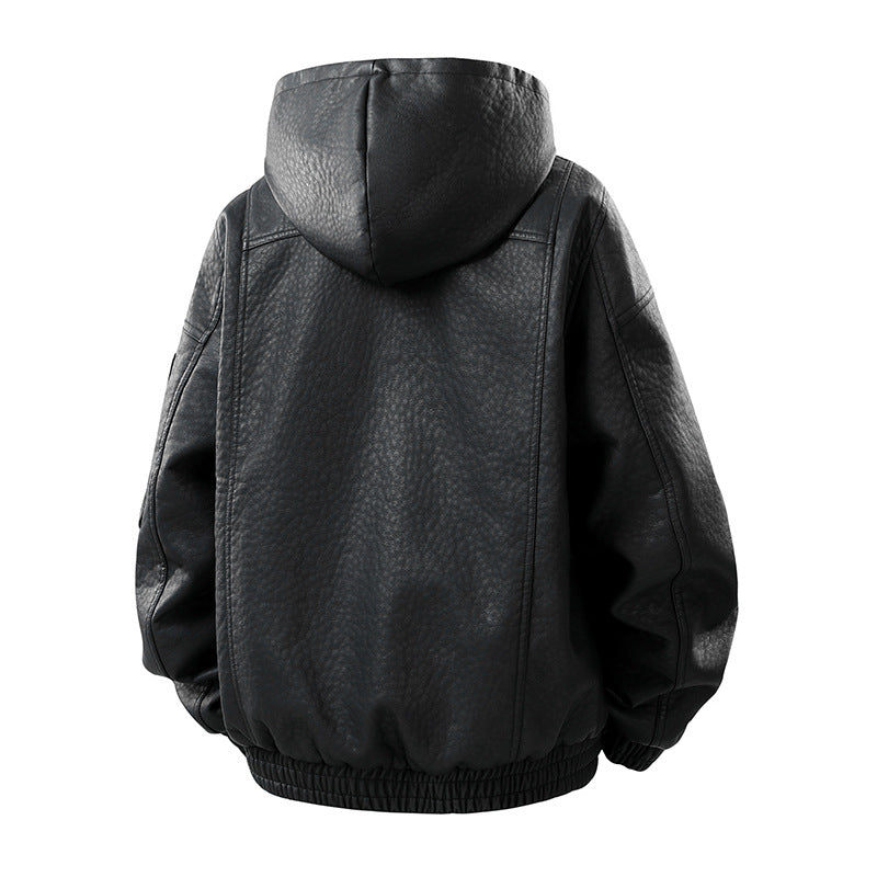 Herren Kunstleder-Bomberjacke mit Teddyfutter, Kapuze und Utility-Ärmeltasche Mune Fashion