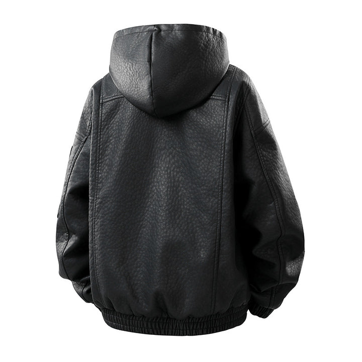 Herren Kunstleder-Bomberjacke mit Teddyfutter, Kapuze und Utility-Ärmeltasche Mune Fashion