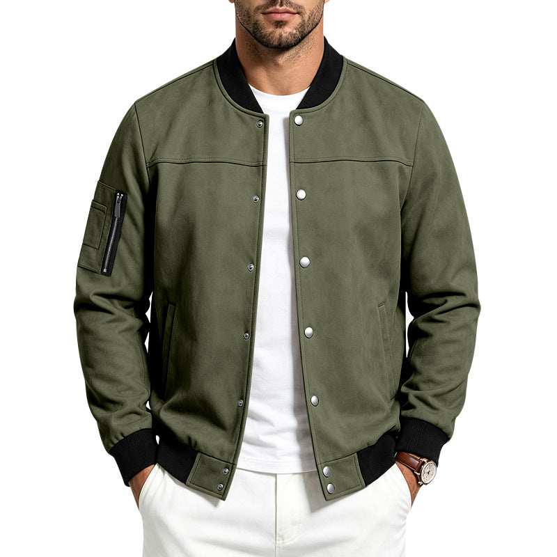 Men's Suede-Look Bomber Jacket with Snap Button Placket, Arm Pocket and Ribbed Cuffs Mune Fashion