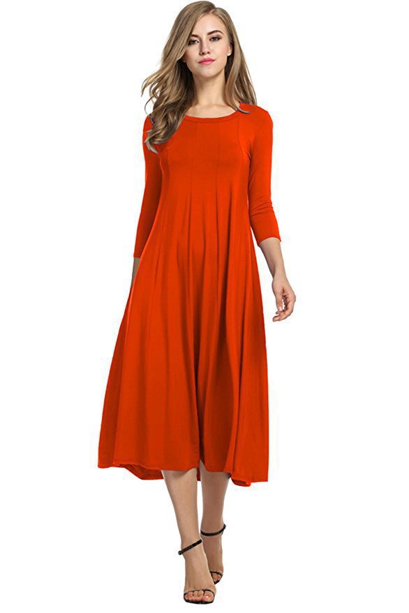 Women's Long A-Line Midi Dress made of Stretch Jersey with Three-Quarter Sleeves and Side Pockets Mune Fashion