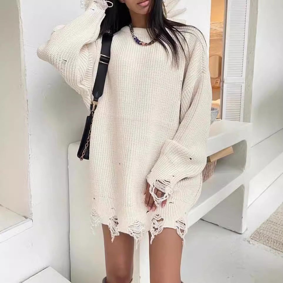 Women Oversized Knitted Dress with Destroyed Hem and Balloon Sleeves Mune Fashion