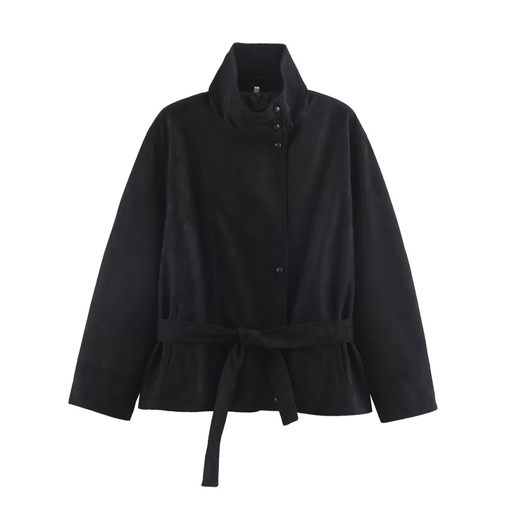Women's short jacket made of suede look with stand-up collar and tie belt Drune