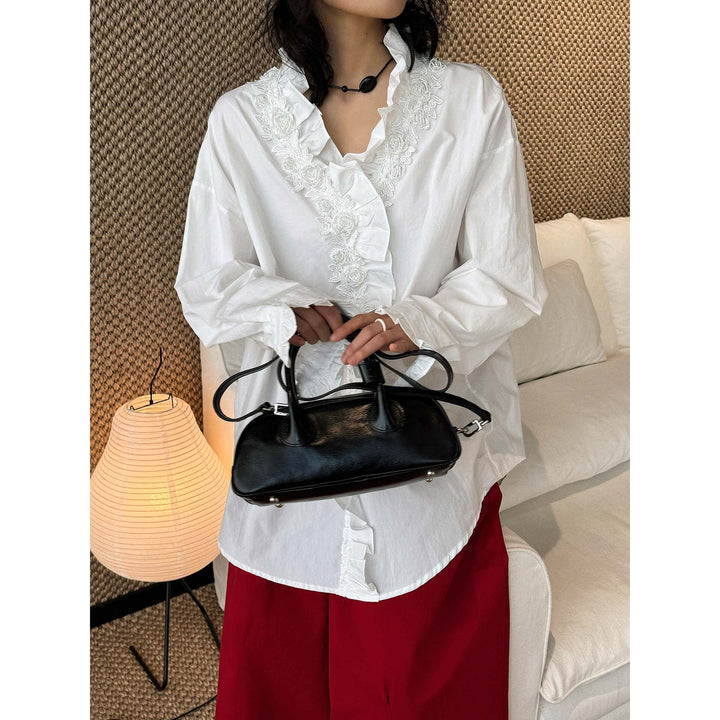 Women Oversize Blouse with Ruffle Trim and Lace Trim Mune Fashion