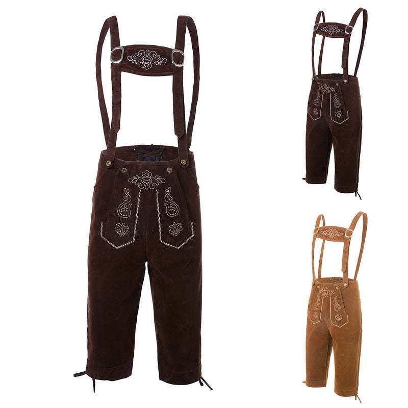 Men's traditional suede leather pants with embroidered suspenders and knee-length cuffs Mune Fashion