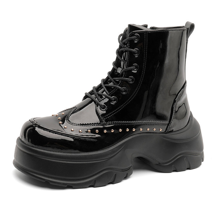 Women Plateau Boots with Patent Finish, Lacing and Studded Decoration Mune Fashion