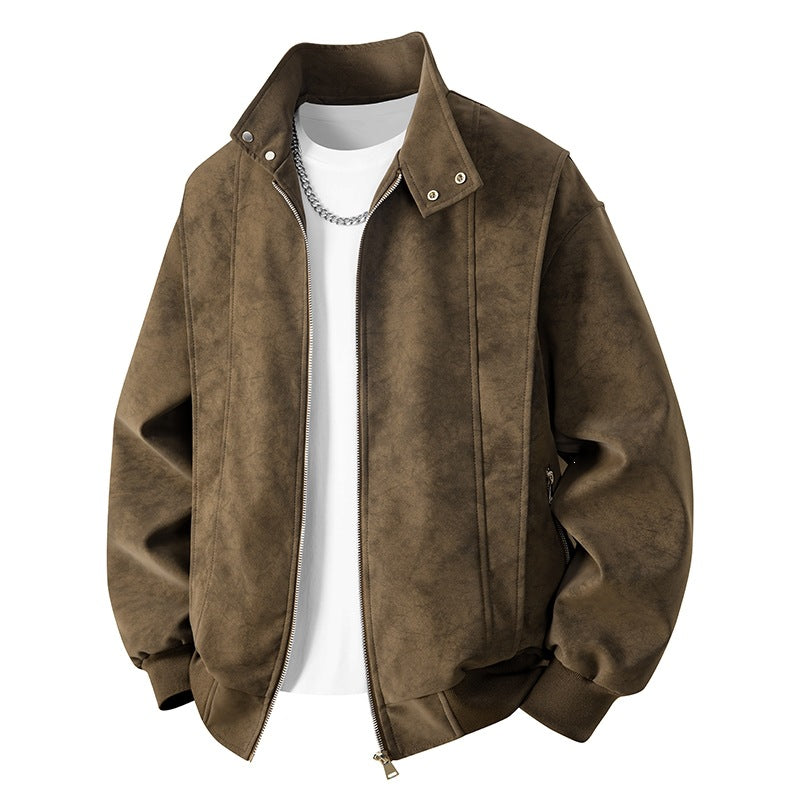 Men's Neat Velour Leather Look Bomber Jacket with Stand-Up Collar, Two-Way Zipper & Zipper Pockets Mune Fashion