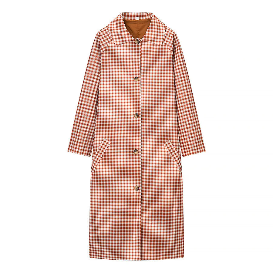 Women's checkered midi trench coat with shirt collar, full button placket and patch pockets Mune Fashion