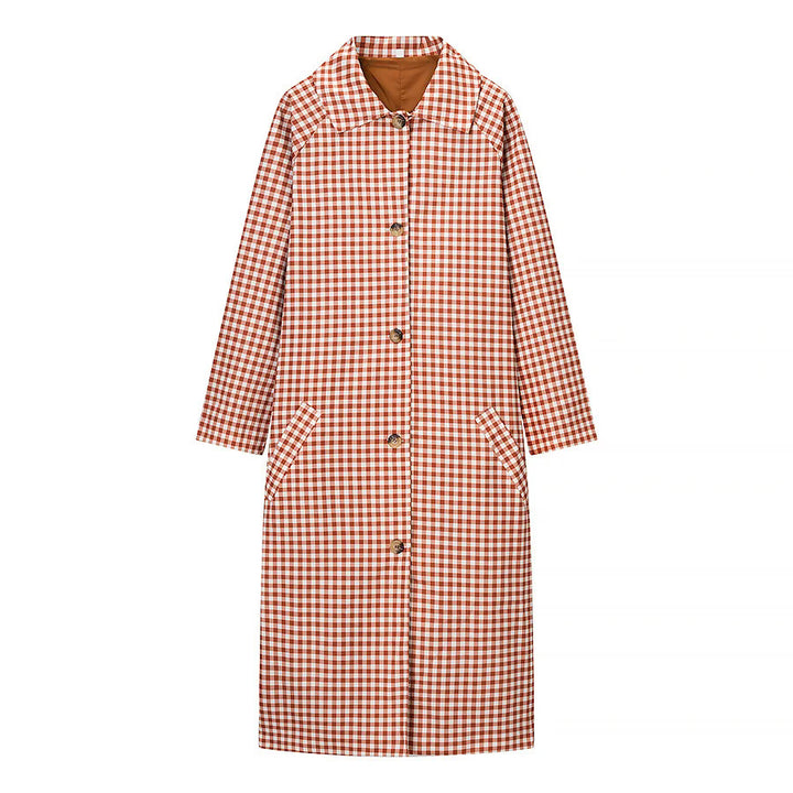 Women's checkered midi trench coat with shirt collar, full button placket and patch pockets Mune Fashion