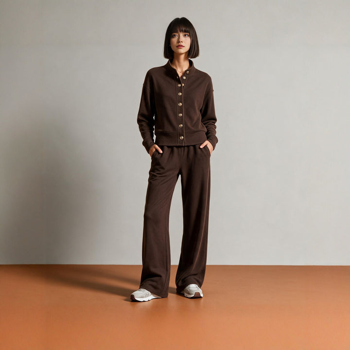 Women's sweat jacket with snap button placket, standing collar, and soft lounge cut Mune Fashion