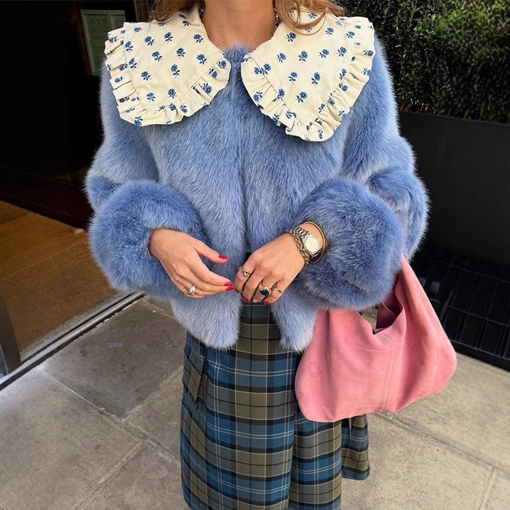 Women's Short Faux Fur Jacket with Distinctive Crochet Collar Mune Fashion