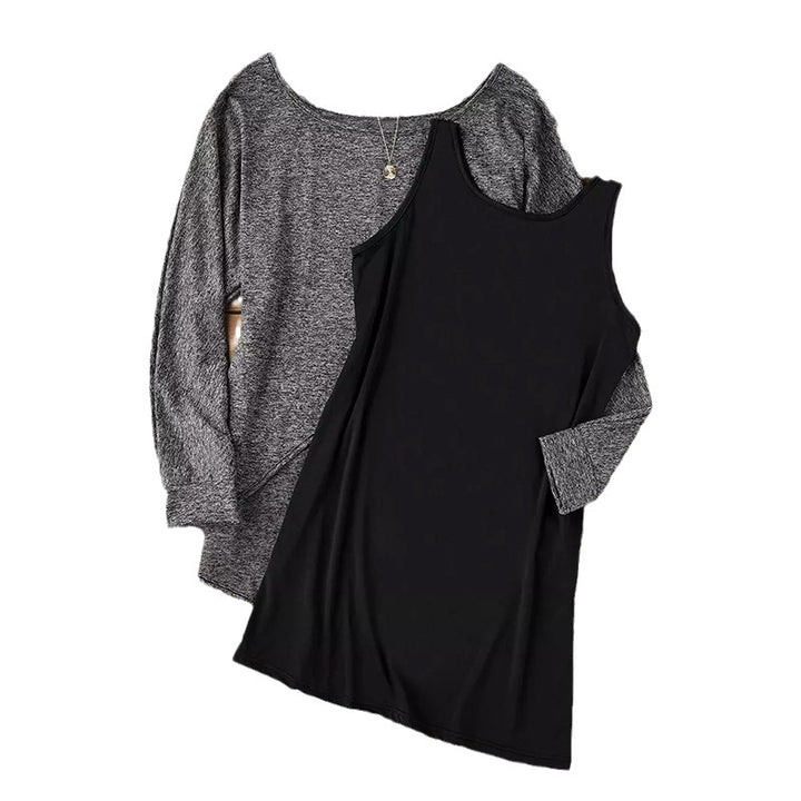 Women's Casual Off-Shoulder Fine Knit Sweater with Layered Look and Asymmetric Hem Mune Fashion