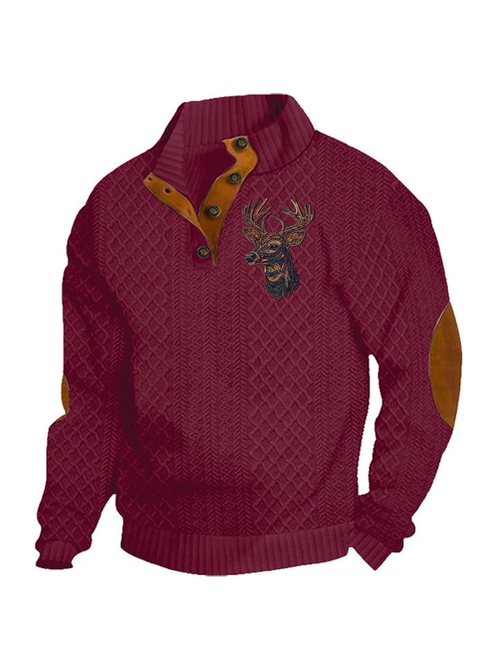 Men's nan Heritage textured pullover with stand-up collar faux leather trim elbow patches and half-button placket Mune Fashion
