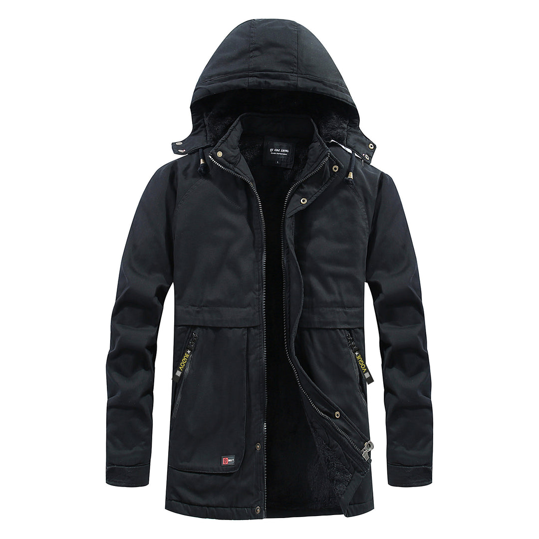 Men's Thermal Long Parka in Field Style with Warming Plush Inner Side and Concealed Front Mune Fashion