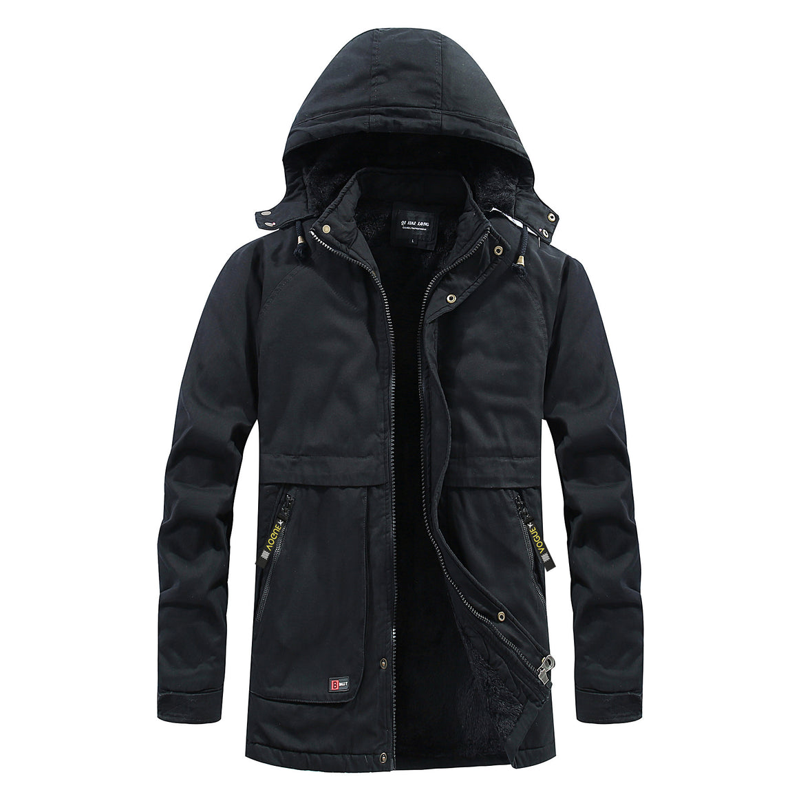 Men's Long Parka in Field Look with Luxurious Faux Fur Lining and Concealed Snap Button Zip Front Mune Fashion