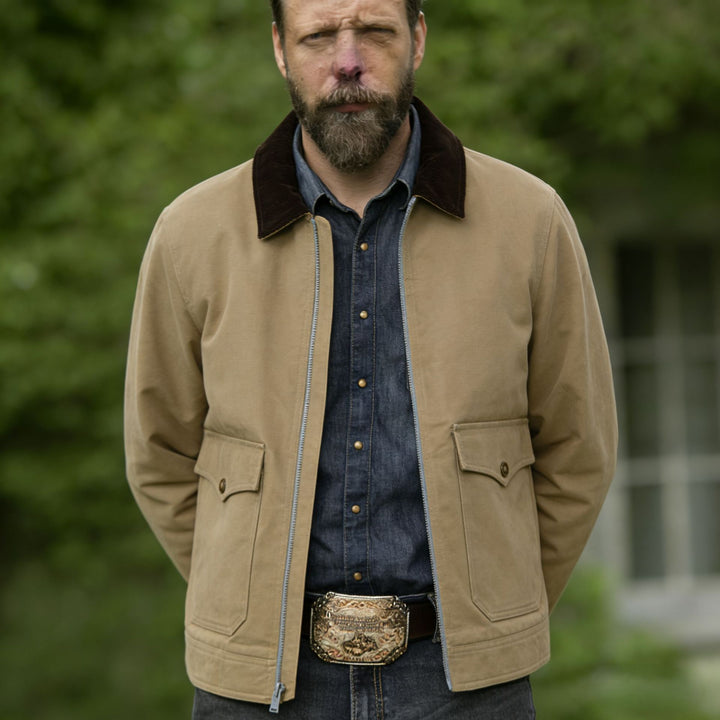Men's robust canvas field jacket with corduroy collar and patch pockets Mune Fashion